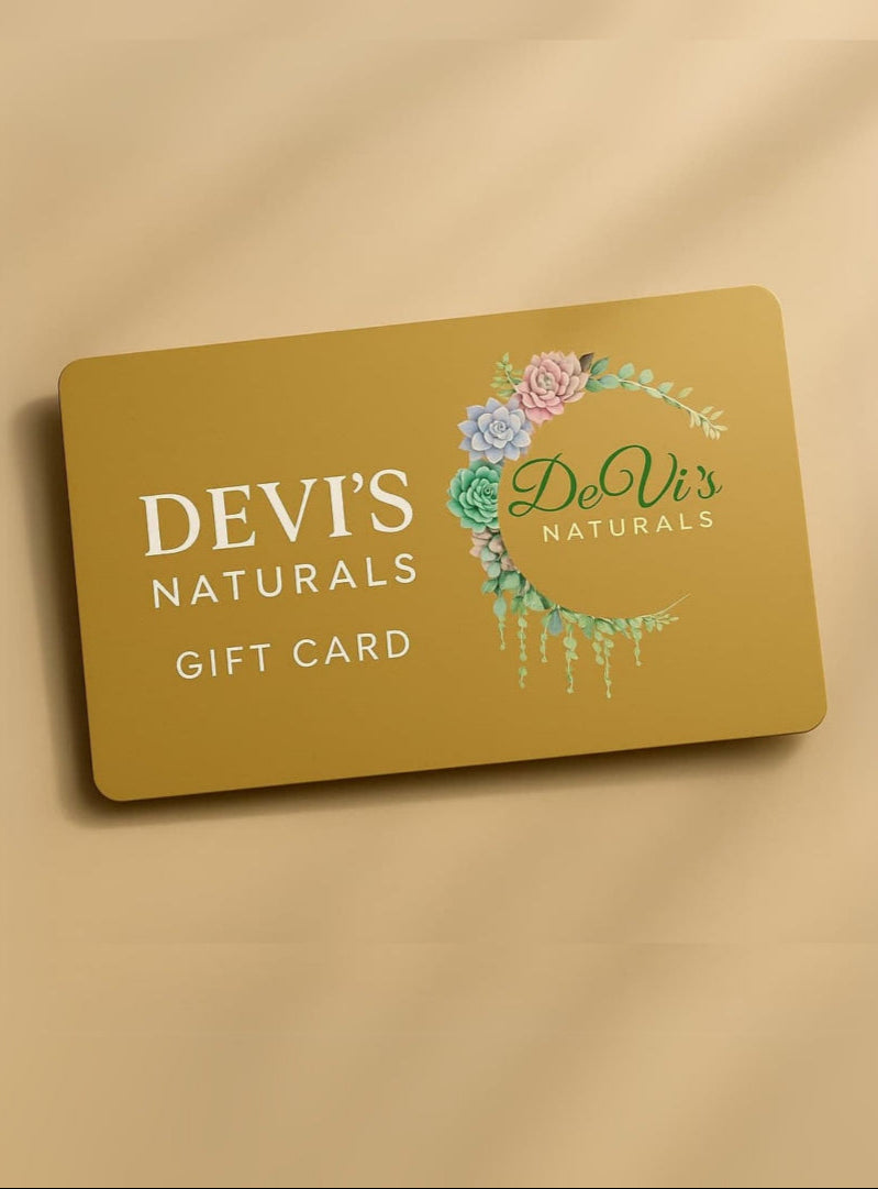 A virtual gift card from DeVi's Naturals with a yellow background and the brand's logo in the center, surrounded by a floral design.