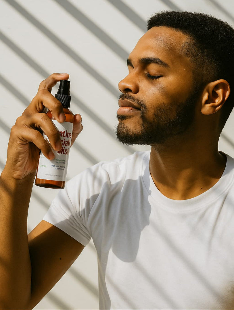 Man applying a product to his face with a white background