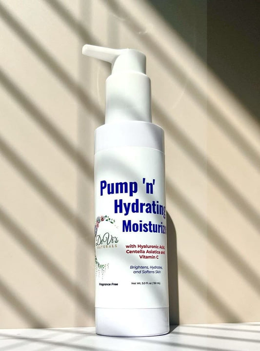 White bottle of 'Pump' n' Hydrating Moisturizer' on a light background