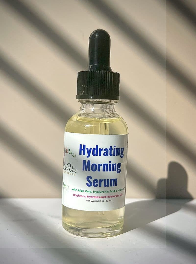 Bottle of 'Hydrating Morning Serum' with a dropper on a neutral background