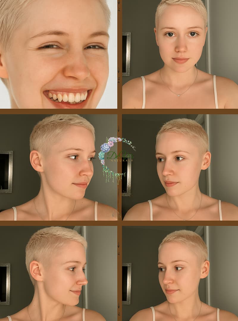 Grid of images showing a person with short blonde hair from different angles.
