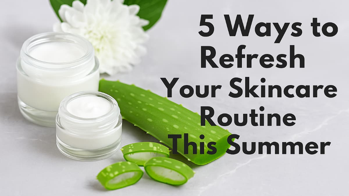 Two jars of cream, a white flower, and aloe vera strips on a light background with text overlay.