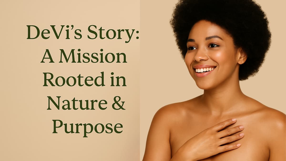Woman with a natural hairstyle on a beige background with text about 'DeVi's Story'.