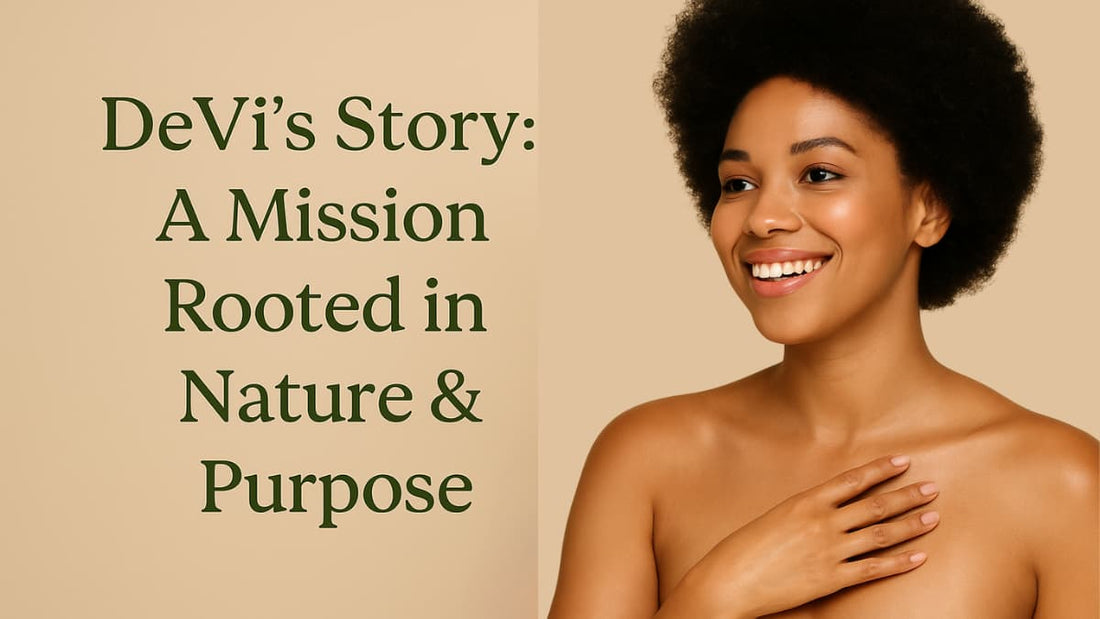 Woman with a natural hairstyle on a beige background with text about 'DeVi's Story'.