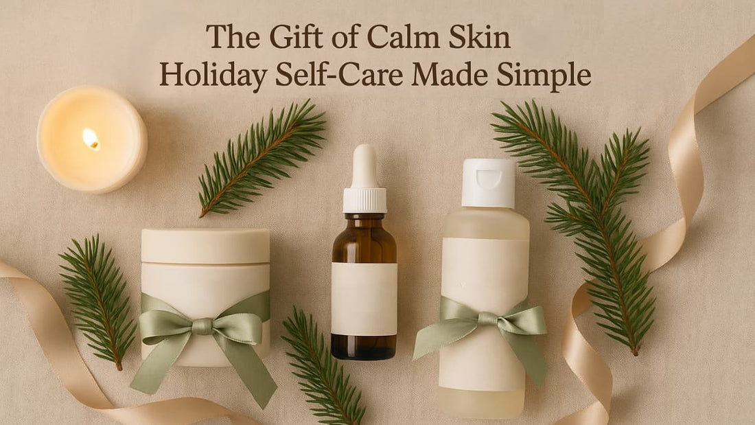 DeVi’s Naturals skincare bottles and jars wrapped with ribbon beside pine greenery and candlelight, evoking cozy holiday self-care and calm-skin inspiration.