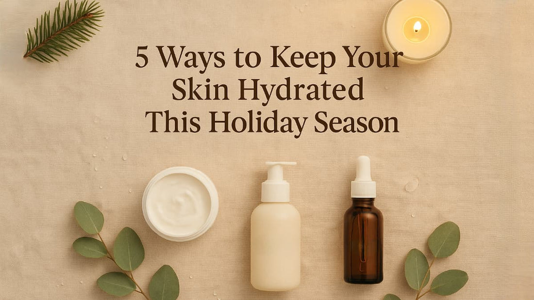 Flat lay of DeVi’s Naturals vegan skincare — moisturizer, cleanser, and serum with eucalyptus leaves and candles on beige linen, showing gentle holiday hydration theme.