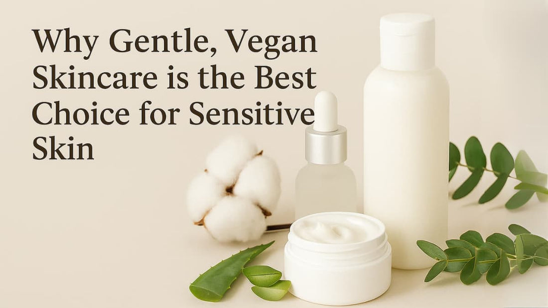 Skincare products with text about gentle, vegan skincare for sensitive skin on a light background.