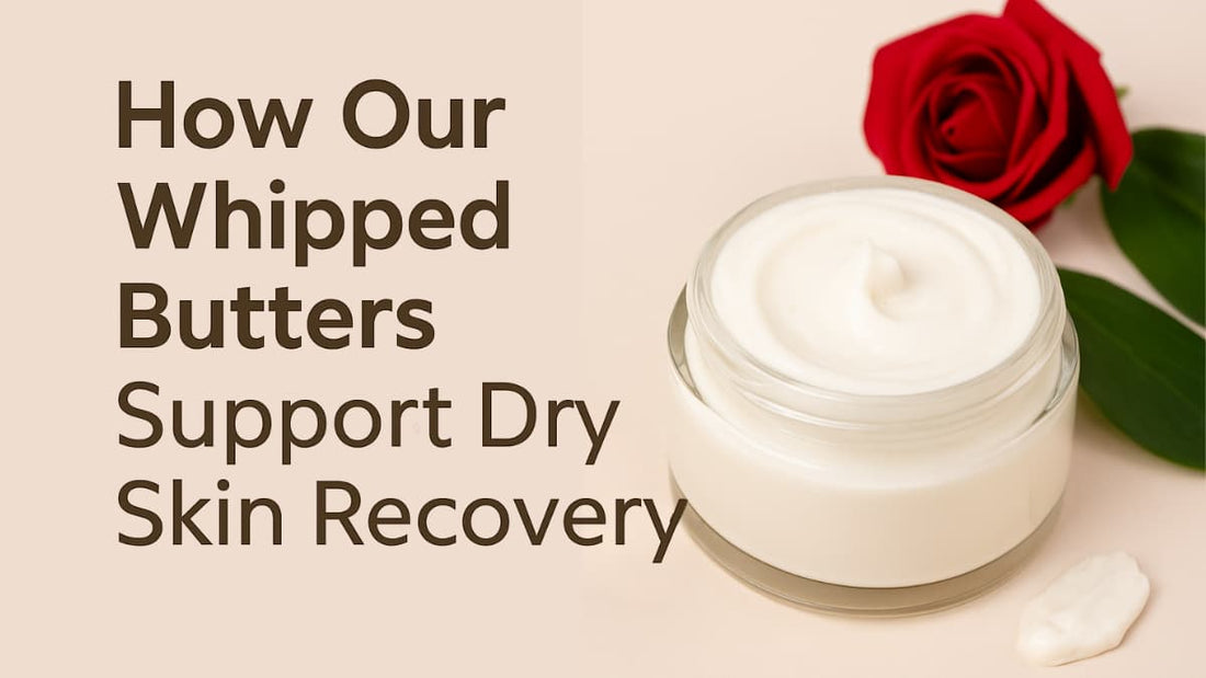 Jar of whipped butter with a red rose on a beige background, text about dry skin recovery.
