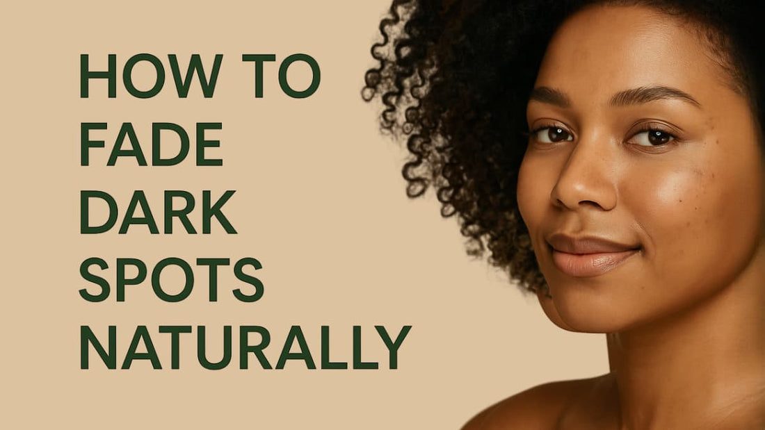 Woman with natural skin on a beige background with text about fading dark spots naturally