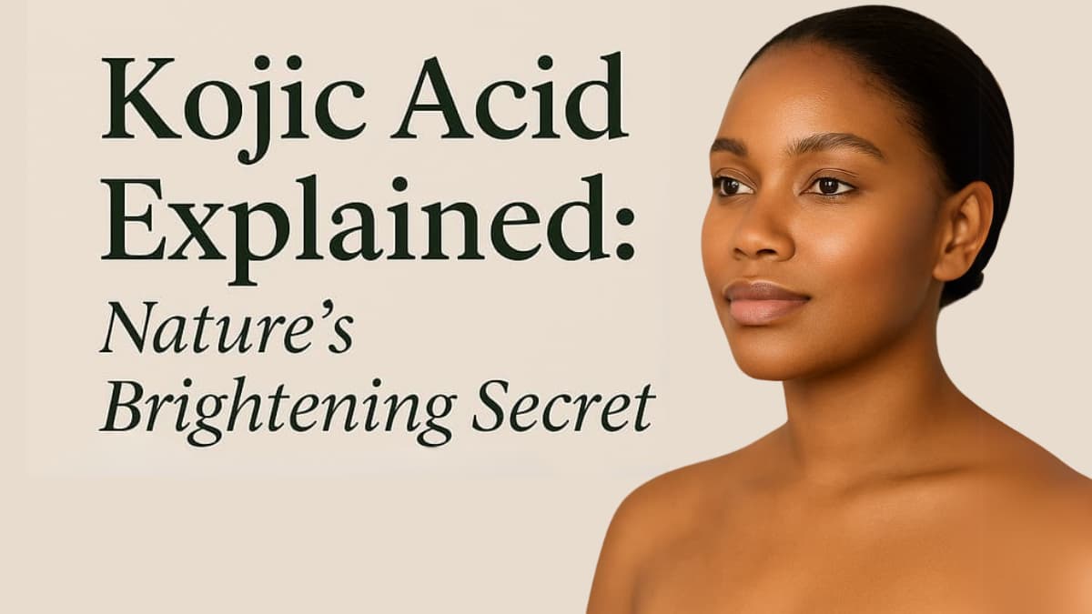 Woman with a neutral expression on a beige background with text about Kojic Acid.