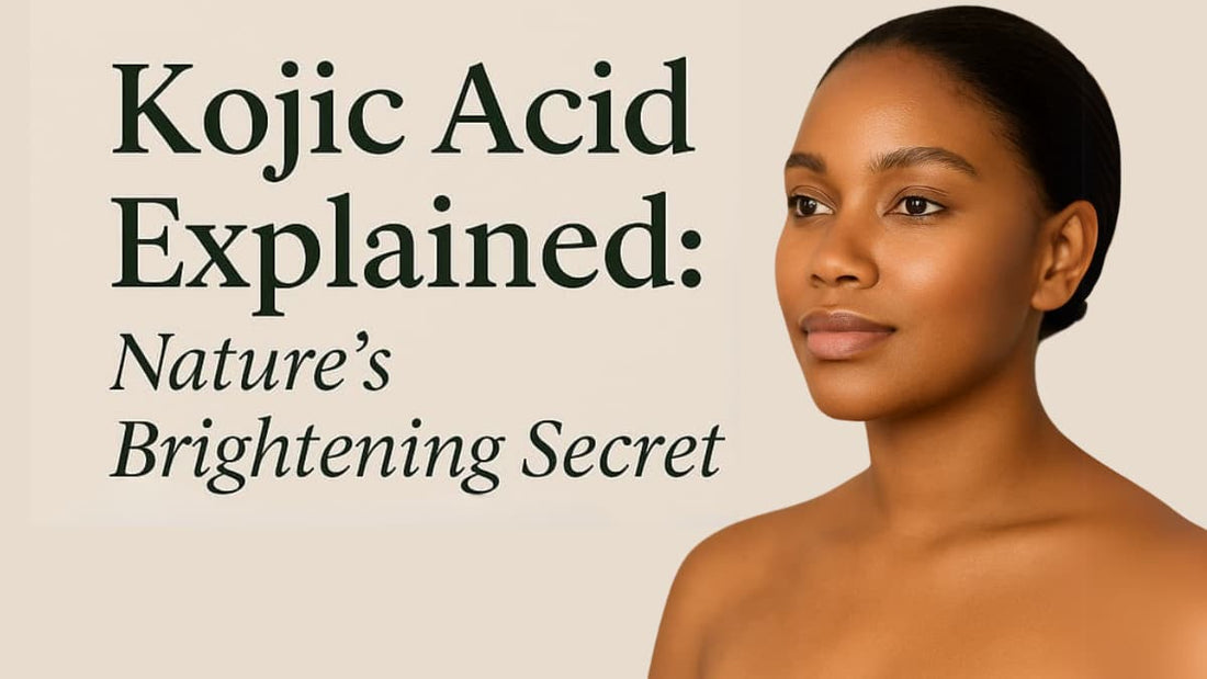 Woman with a neutral expression on a beige background with text about Kojic Acid.
