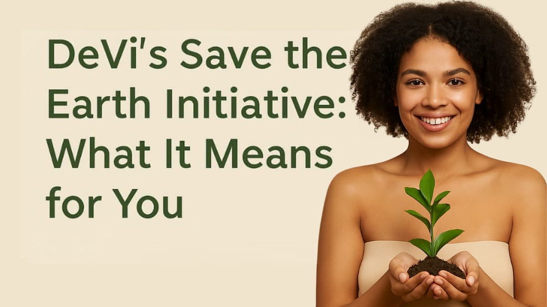 Woman holding a plant with text about the 'DeVi's Save the Earth Initiative' on a beige background