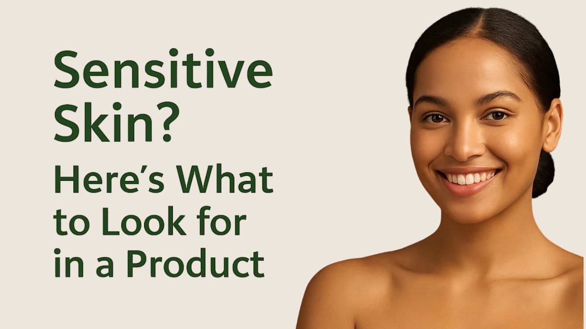 Woman with a clear skin on a beige background with text about sensitive skin products.