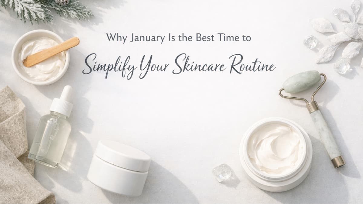 Skincare products on a white surface with text about simplifying skincare routines in January.