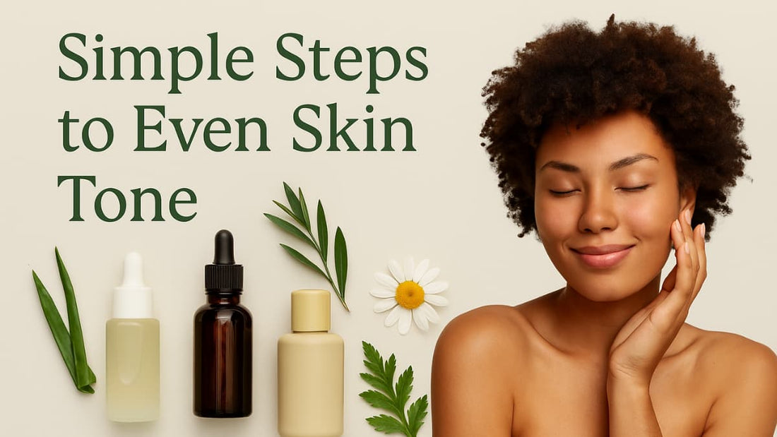 Woman with even skin tone surrounded by skincare products and plants on a beige background