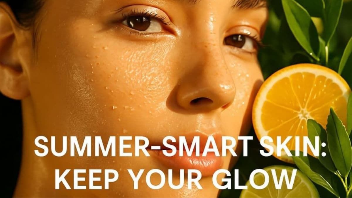 Woman's face with text 'Summer-Smart Skin: Keep Your Glow' and a lemon slice.