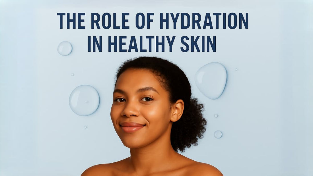 Woman with hydrated skin on a light blue background with water droplet graphics and text about hydration.