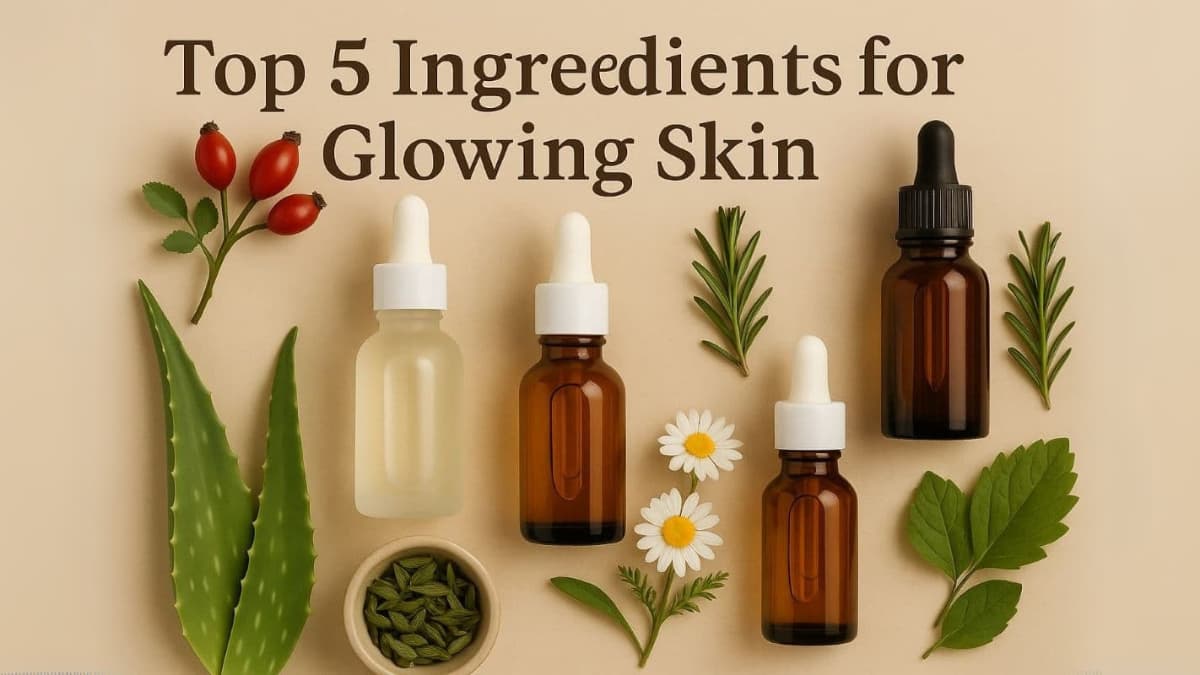 Top 5 Ingredients for Glowing Skin with bottles and natural elements on a beige background
