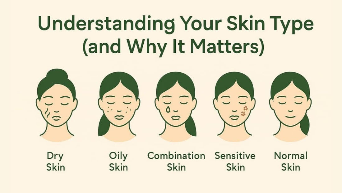 Diagram of different skin types with corresponding icons and text on a beige background.