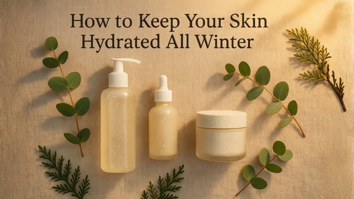 Cosmetic bottles with text 'How to Keep Your Skin Hydrated All Winter' on a beige background with green leaves.