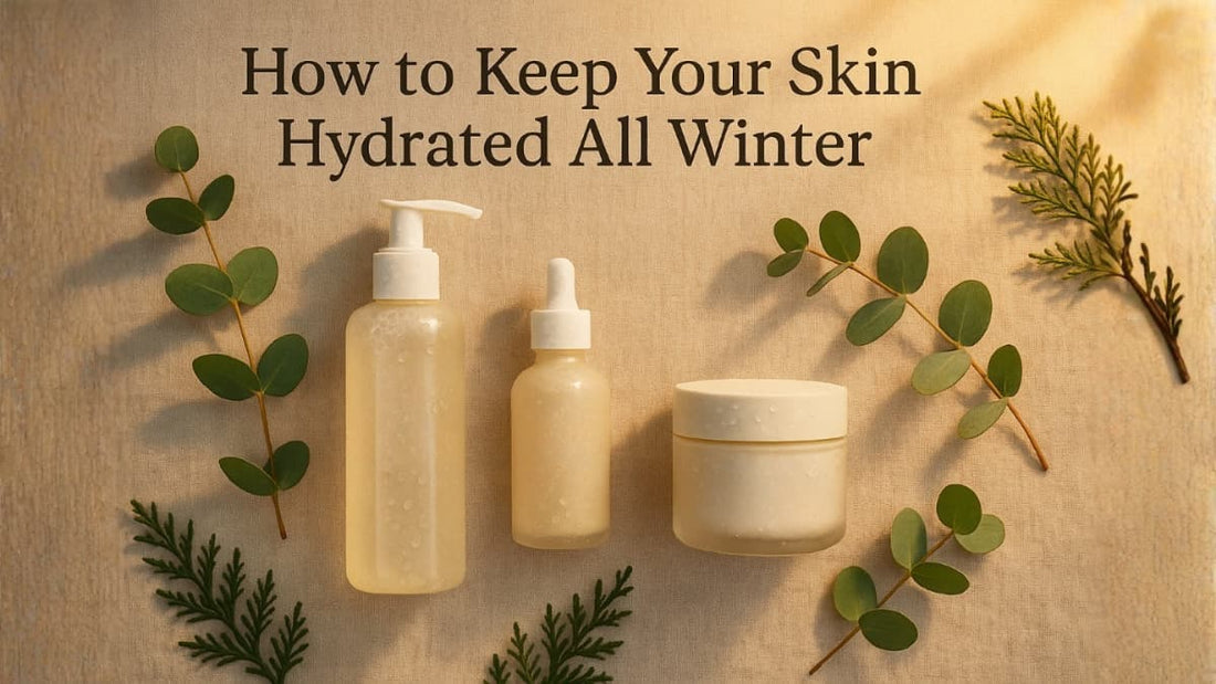 Cosmetic bottles with text 'How to Keep Your Skin Hydrated All Winter' on a beige background with green leaves.