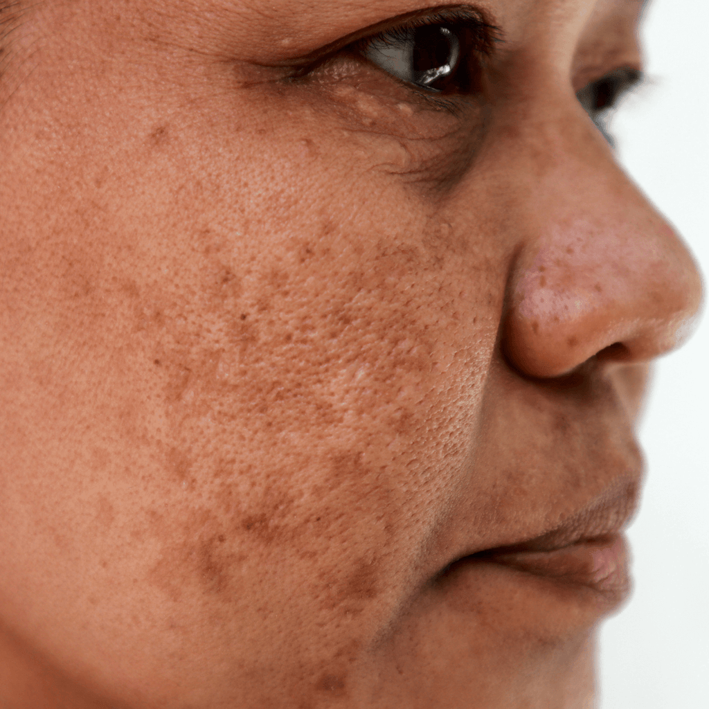 Hispanic woman with uneven skin tone on right cheek 