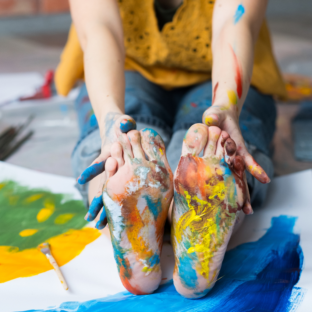 Caucasian hands and feet covered in paint 