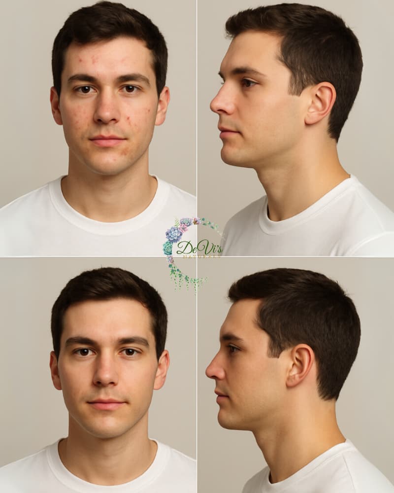 Before and after views of a man with a neutral expression on a plain background