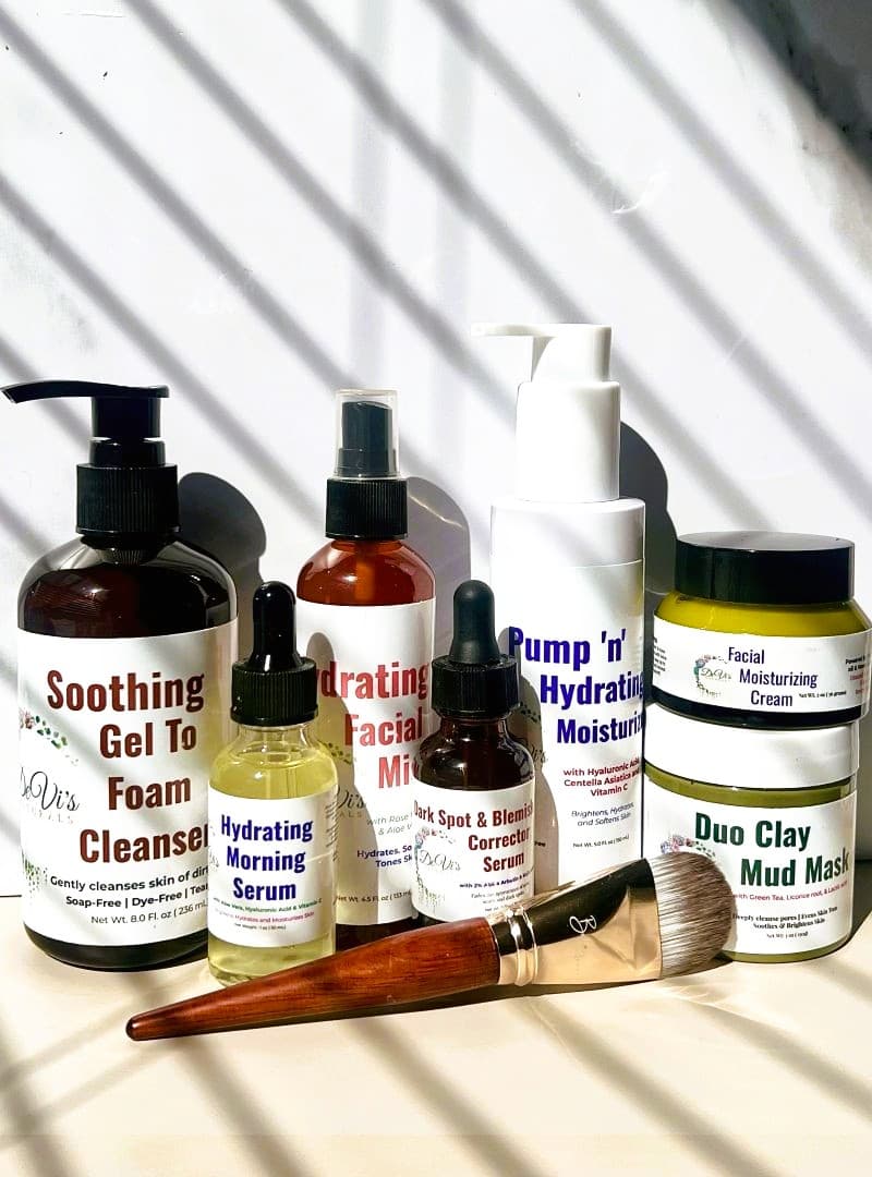 Collection of skincare products with labels on a light background