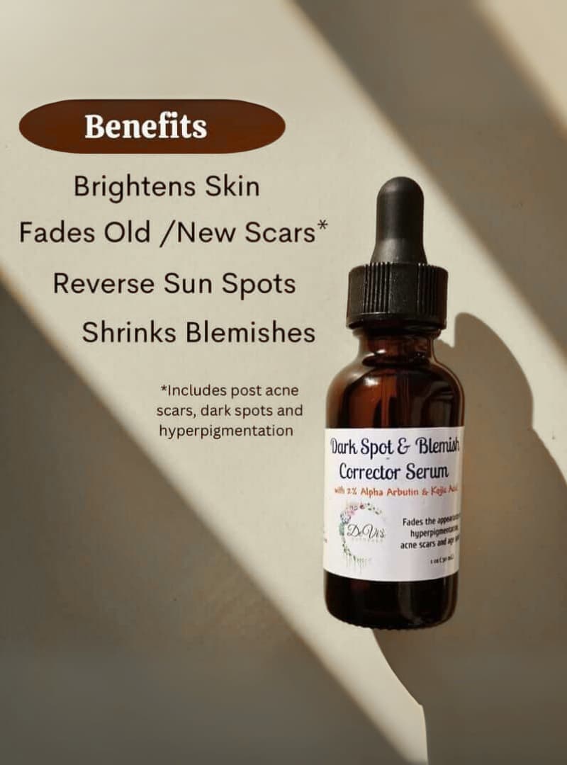 Brown bottle with dropper labeled 'Dark Spot & Blemish Corrector Serum' on a beige background with text listing benefits.