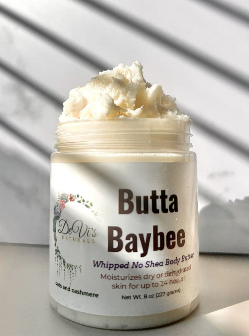 Jar of Butta Baybee whipped no shea body butter with a white background