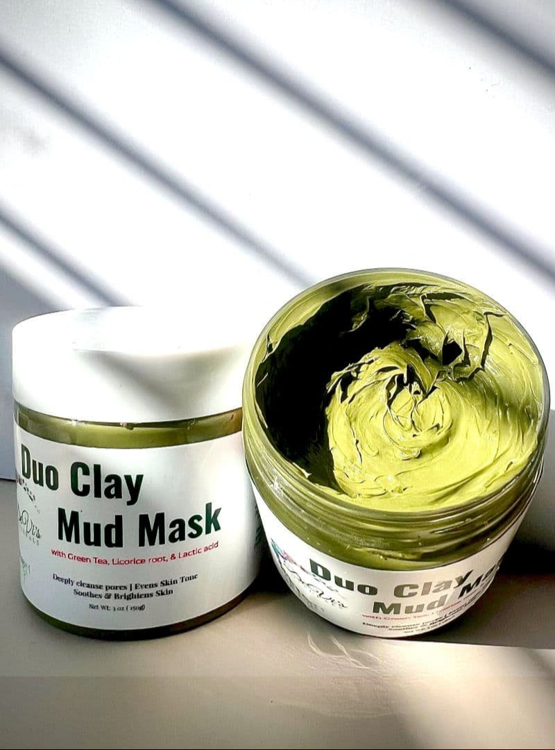 Duo Clay Mud Mask with open jar showing green paste on a white background