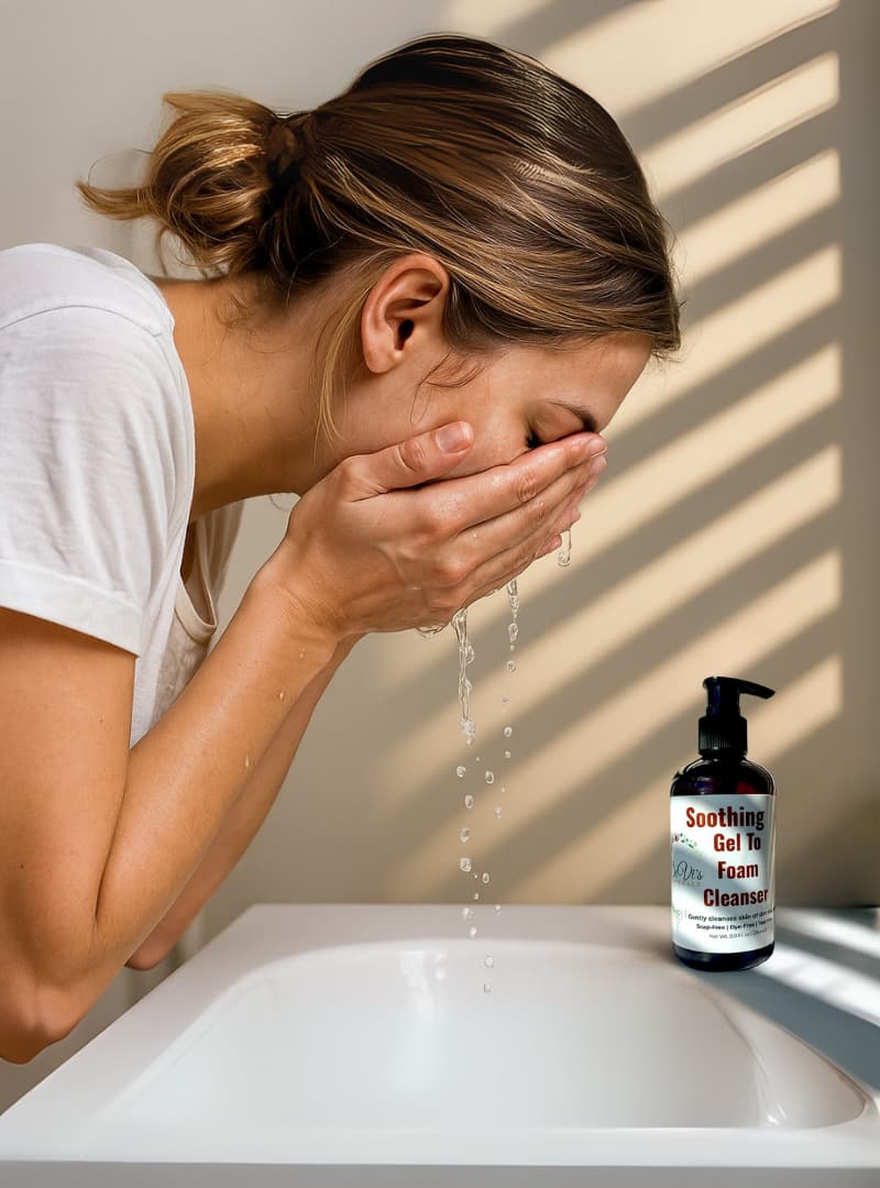 Woman washing her face with a bottle of 'Soothing Gel' in the foreground