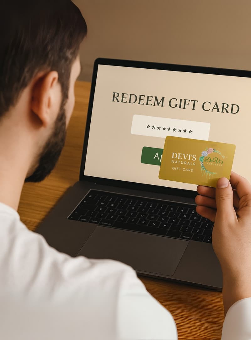 Person redeeming a gift card on a laptop with a visible brand logo.
