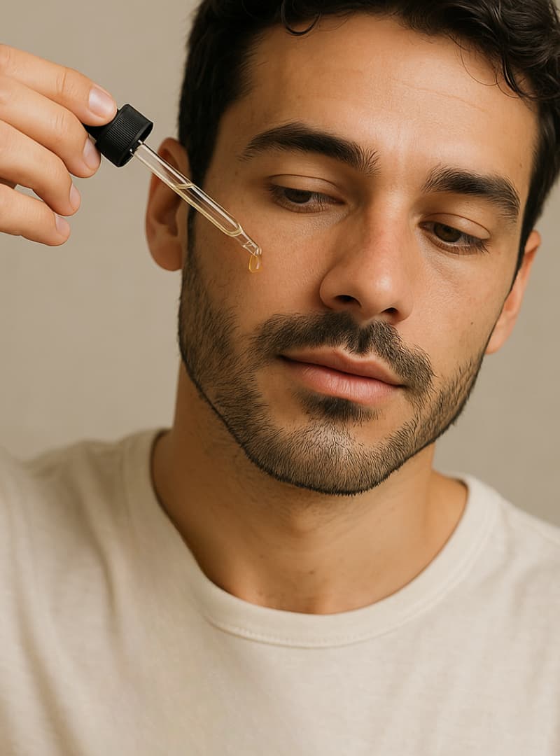Man applying a dropper of serum to his face against a neutral background