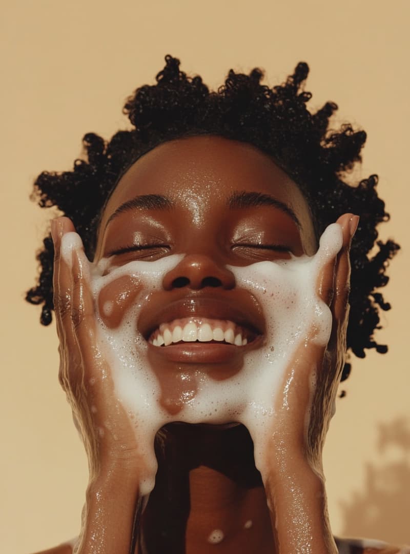 Woman washing her face with a beige background