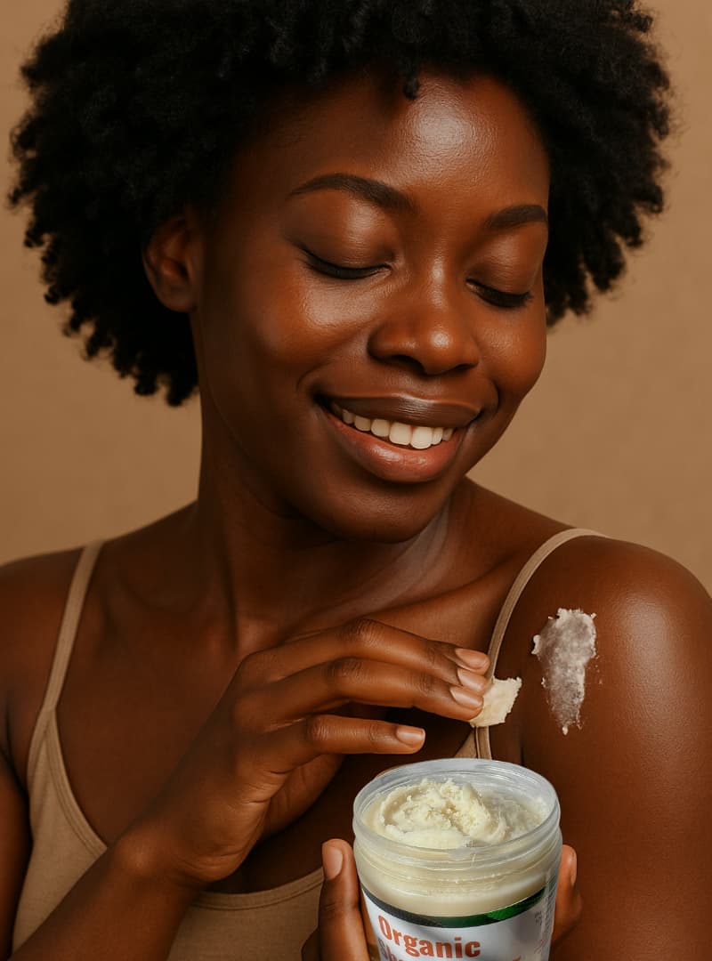Woman applying cream from a jar with a brown background